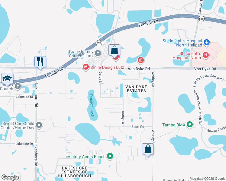 map of restaurants, bars, coffee shops, grocery stores, and more near 17405 Darby Lane in Lutz