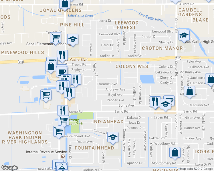 map of restaurants, bars, coffee shops, grocery stores, and more near 2619 Trammel Avenue in Melbourne