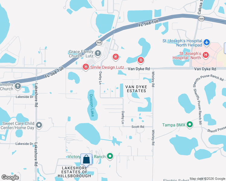 map of restaurants, bars, coffee shops, grocery stores, and more near 17405 Darby Lane in Lutz