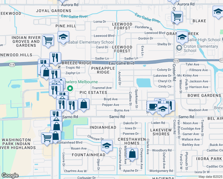 map of restaurants, bars, coffee shops, grocery stores, and more near 2547 Trammel Avenue in Melbourne
