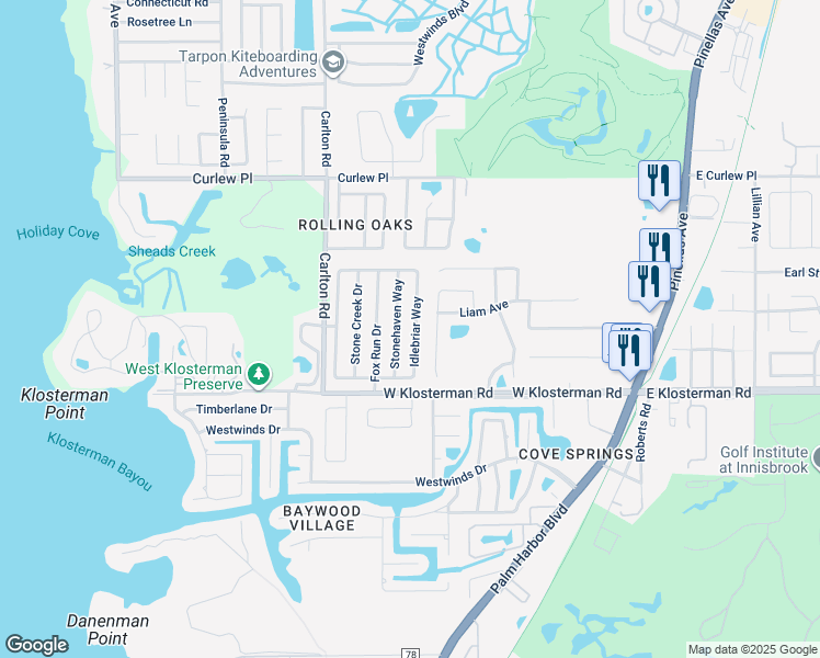 map of restaurants, bars, coffee shops, grocery stores, and more near 1602 Cromwell Drive in Tarpon Springs