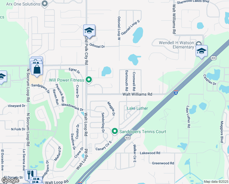 map of restaurants, bars, coffee shops, grocery stores, and more near 1080 Walt Williams Road in Lakeland