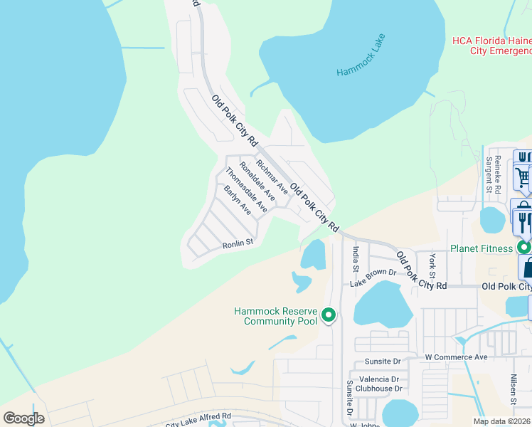 map of restaurants, bars, coffee shops, grocery stores, and more near 1041 Ronlin Street in Haines City