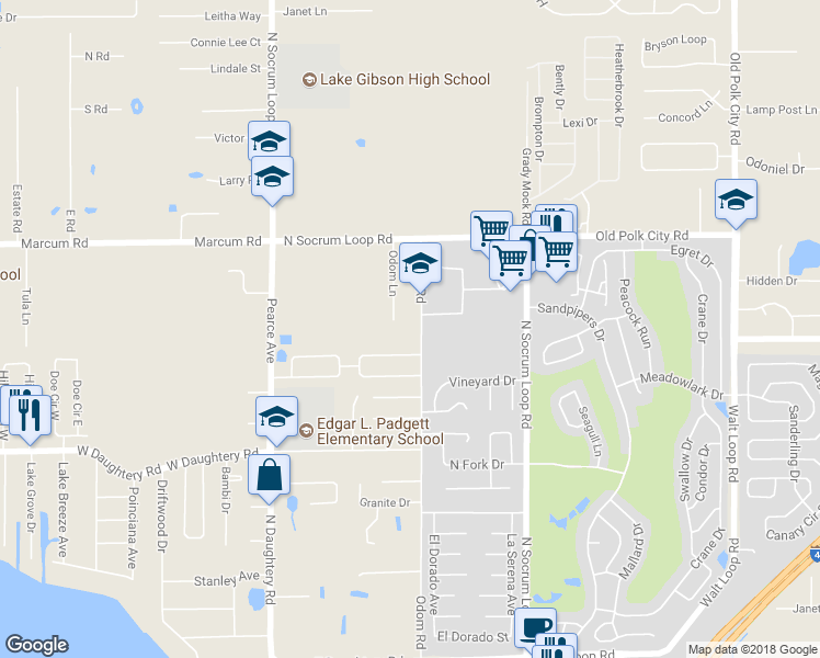 map of restaurants, bars, coffee shops, grocery stores, and more near 6416 Odom Road in Lakeland
