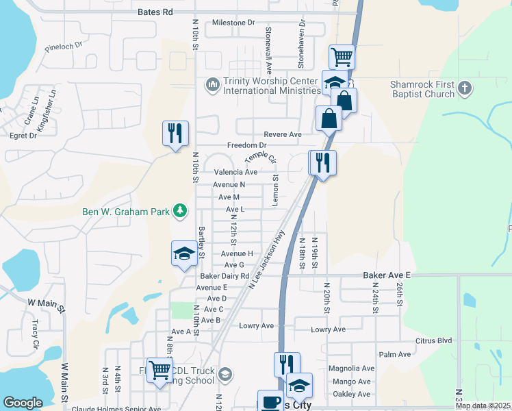 map of restaurants, bars, coffee shops, grocery stores, and more near 1229 Avenue L in Haines City