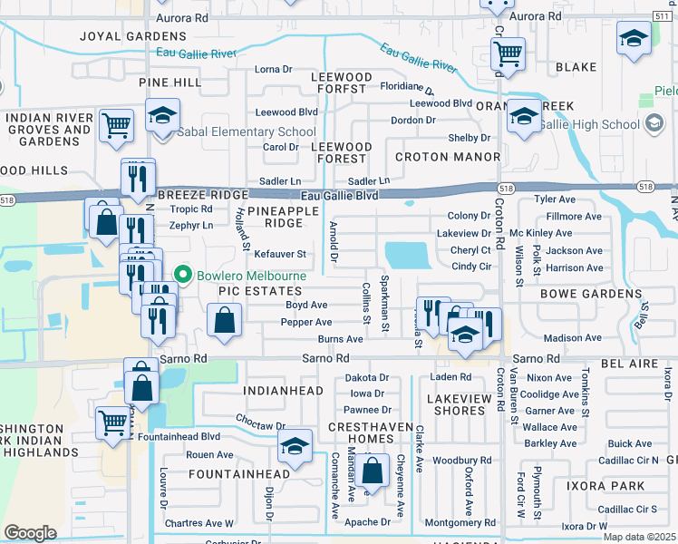 map of restaurants, bars, coffee shops, grocery stores, and more near 2485 Ricky Road in Melbourne