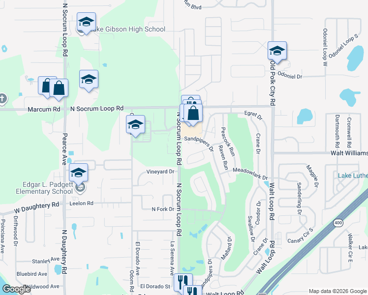 map of restaurants, bars, coffee shops, grocery stores, and more near 6464 Sandpipers Drive in Lakeland
