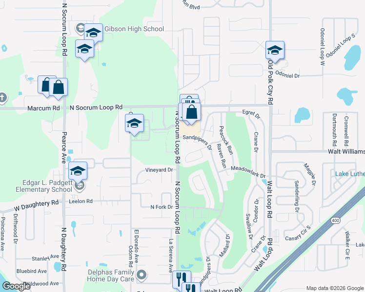 map of restaurants, bars, coffee shops, grocery stores, and more near 7405 North Socrum Loop Road in Lakeland