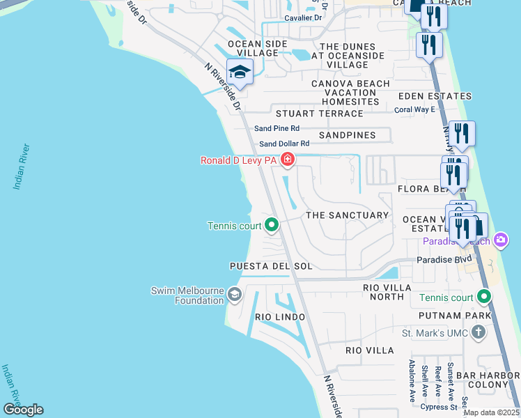 map of restaurants, bars, coffee shops, grocery stores, and more near 2776 North Riverside Drive in Indialantic