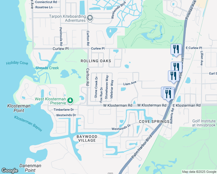 map of restaurants, bars, coffee shops, grocery stores, and more near 1515 Stonehaven Way in Tarpon Springs