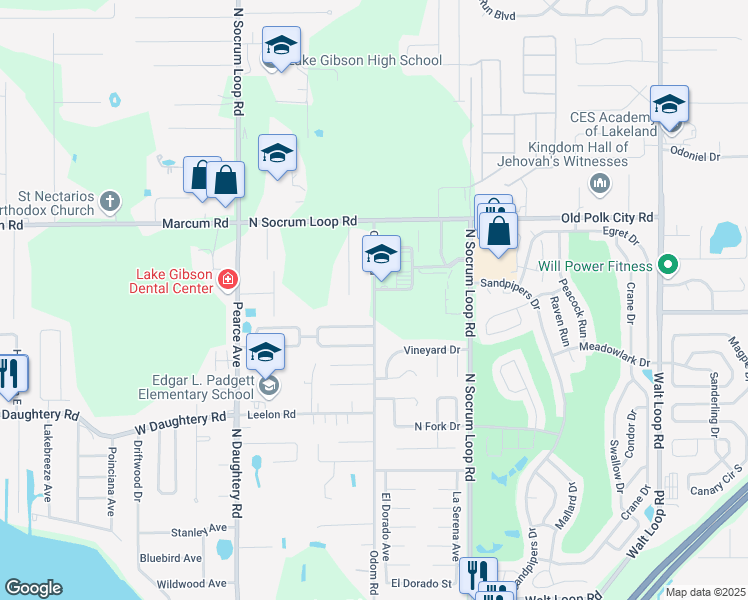 map of restaurants, bars, coffee shops, grocery stores, and more near 6418 Odom Road in Lakeland