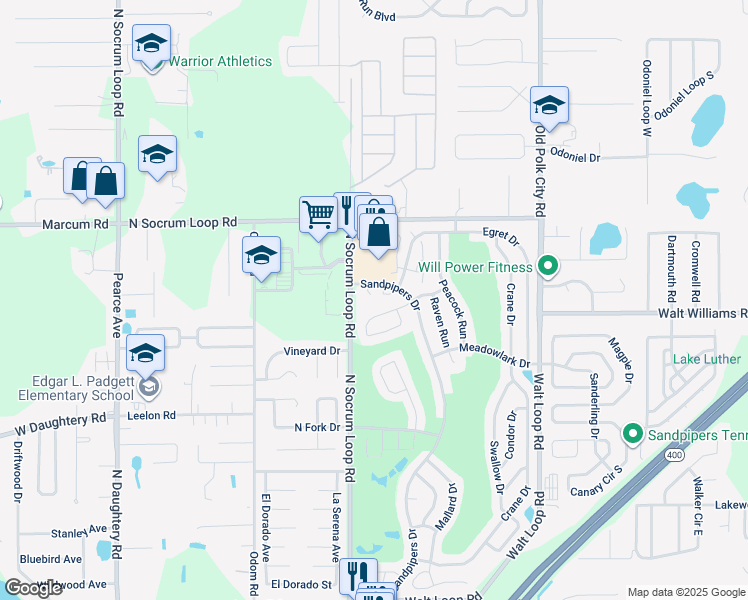 map of restaurants, bars, coffee shops, grocery stores, and more near 6464 Sandpipers Drive in Lakeland