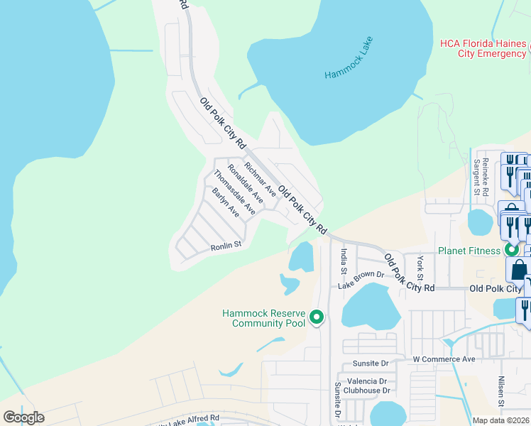 map of restaurants, bars, coffee shops, grocery stores, and more near 1041 Ronlin Street in Haines City