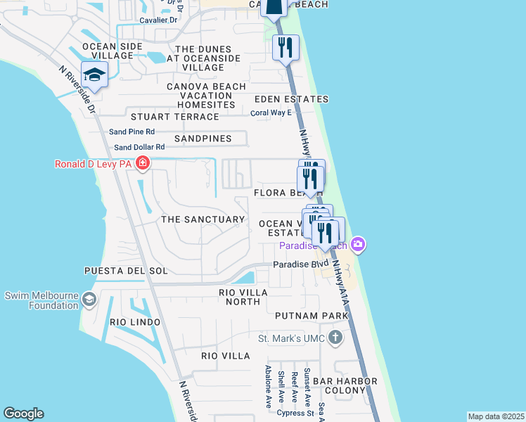 map of restaurants, bars, coffee shops, grocery stores, and more near 330 Provincial Drive in Indialantic