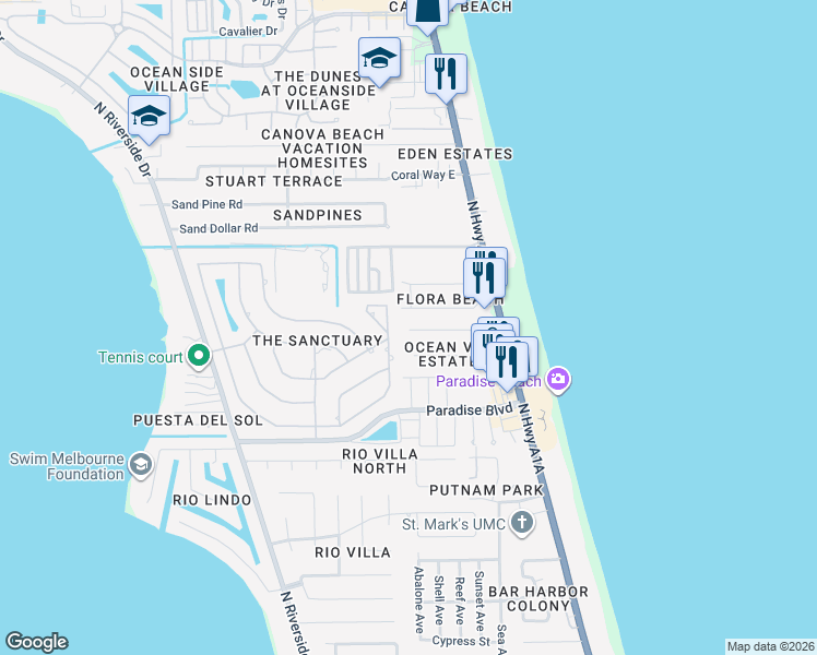 map of restaurants, bars, coffee shops, grocery stores, and more near 346 Provincial Drive in Indialantic