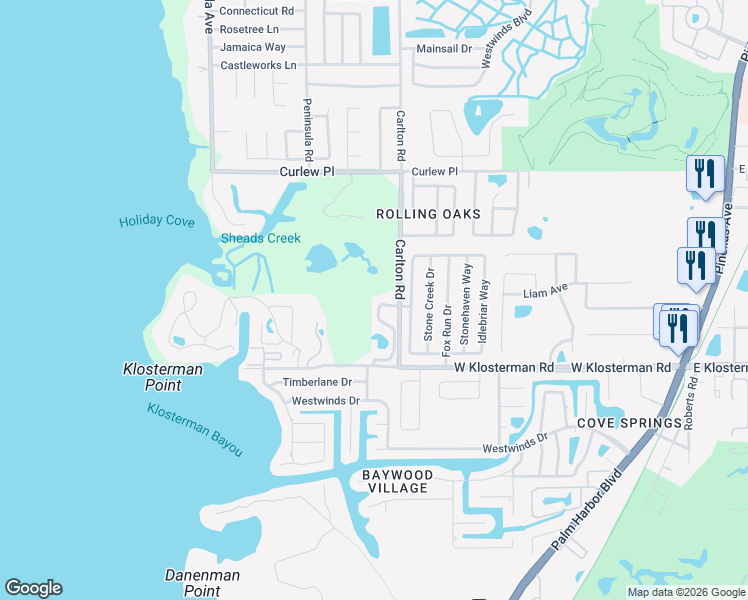 map of restaurants, bars, coffee shops, grocery stores, and more near 1880 Whispering Way in Tarpon Springs