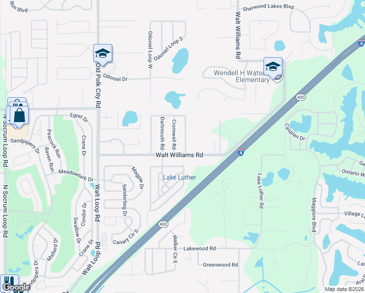 map of restaurants, bars, coffee shops, grocery stores, and more near 6405 Cromwell Road in Lakeland