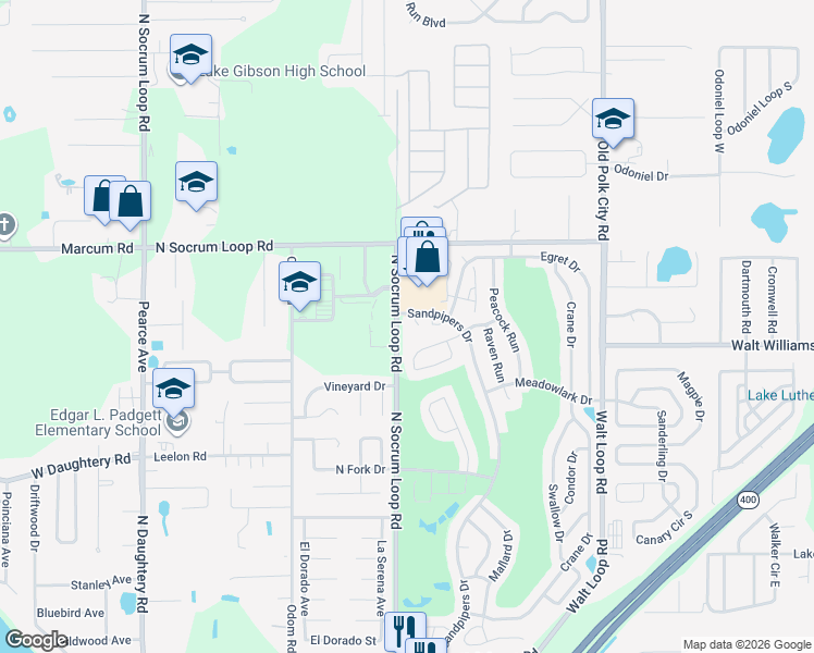 map of restaurants, bars, coffee shops, grocery stores, and more near 6464 Sandpipers Drive in Lakeland
