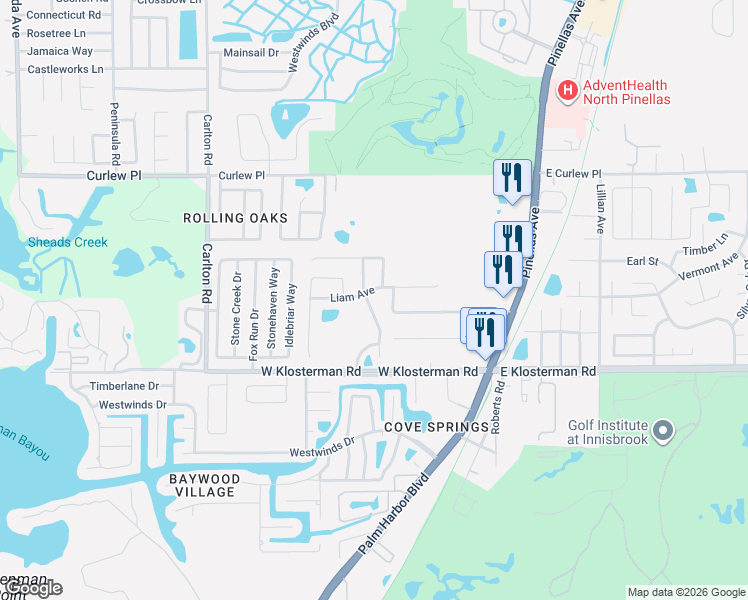 map of restaurants, bars, coffee shops, grocery stores, and more near 1833 Longview Lane in Tarpon Springs