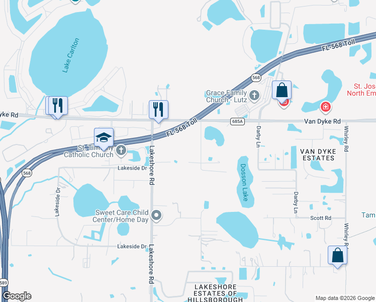 map of restaurants, bars, coffee shops, grocery stores, and more near 17512 Marsh Road in Lutz