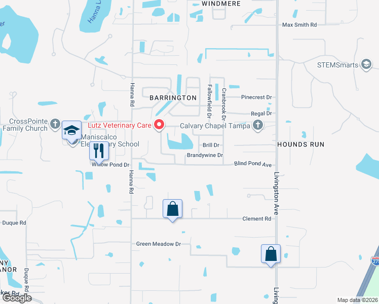 map of restaurants, bars, coffee shops, grocery stores, and more near 17512 Brandywine Drive in Lutz