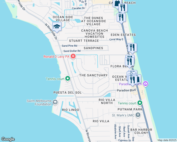 map of restaurants, bars, coffee shops, grocery stores, and more near 580 Nightingale Drive in Indialantic