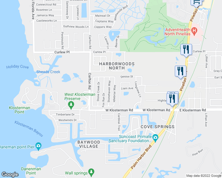 map of restaurants, bars, coffee shops, grocery stores, and more near 1507 Stonehaven Way in Tarpon Springs
