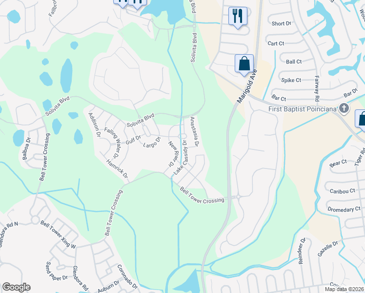 map of restaurants, bars, coffee shops, grocery stores, and more near 303 New River Drive in Kissimmee
