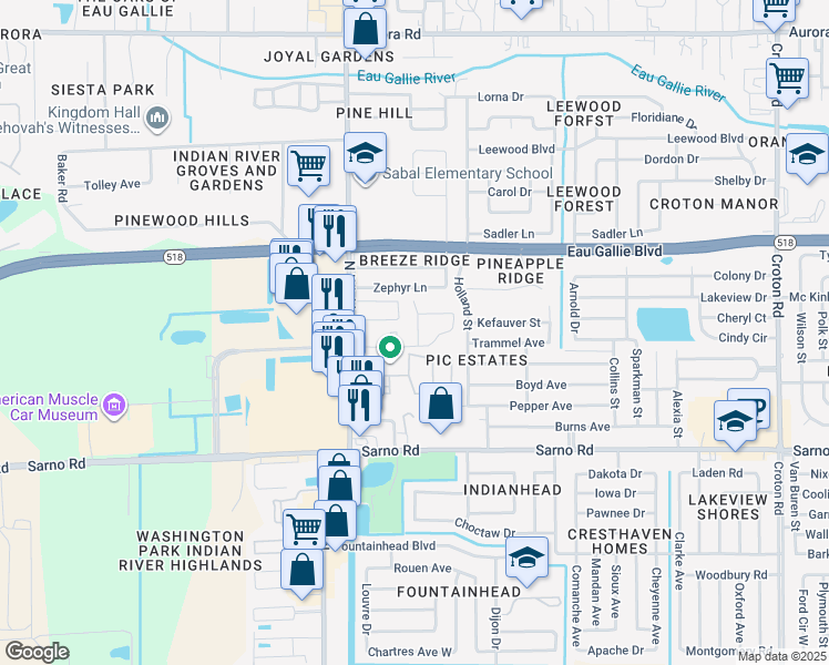 map of restaurants, bars, coffee shops, grocery stores, and more near 2807 Rhonda Lane in Melbourne