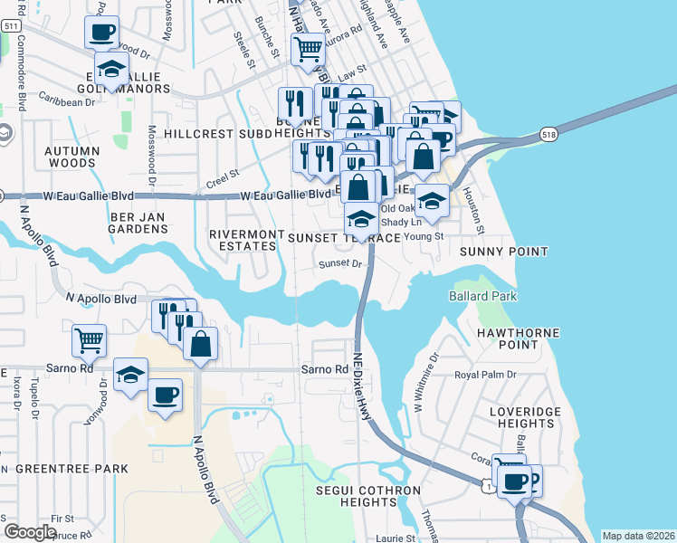 map of restaurants, bars, coffee shops, grocery stores, and more near 825 Sunset Drive in Melbourne