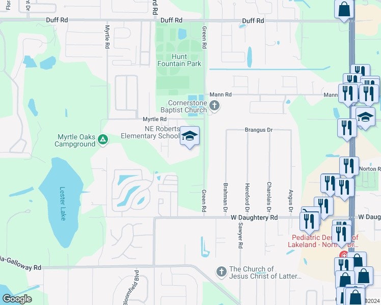map of restaurants, bars, coffee shops, grocery stores, and more near 6600 Green Road in Lakeland