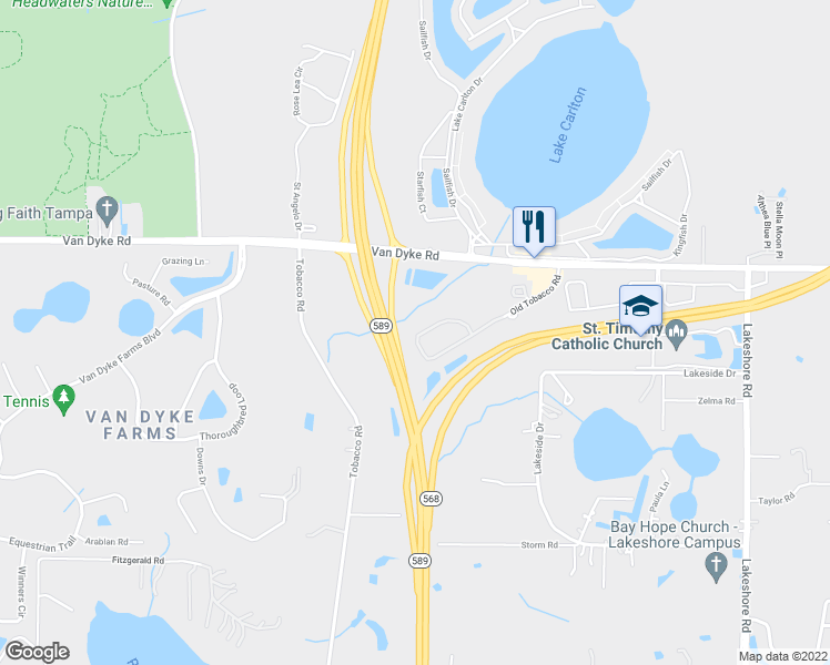 map of restaurants, bars, coffee shops, grocery stores, and more near 17279 Old Tobacco Road in Lutz