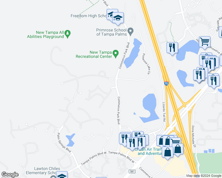map of restaurants, bars, coffee shops, grocery stores, and more near 17130 Heart of Palms Drive in Tampa