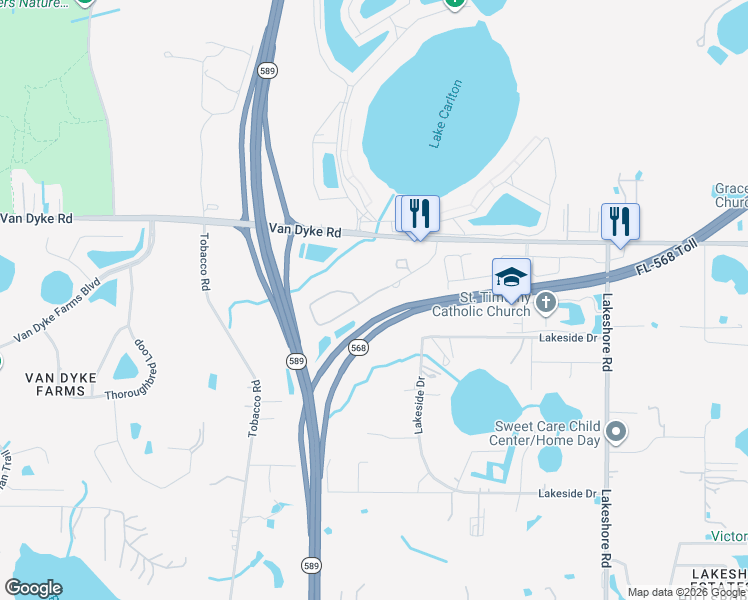 map of restaurants, bars, coffee shops, grocery stores, and more near 17365 Old Tobacco Road in Lutz