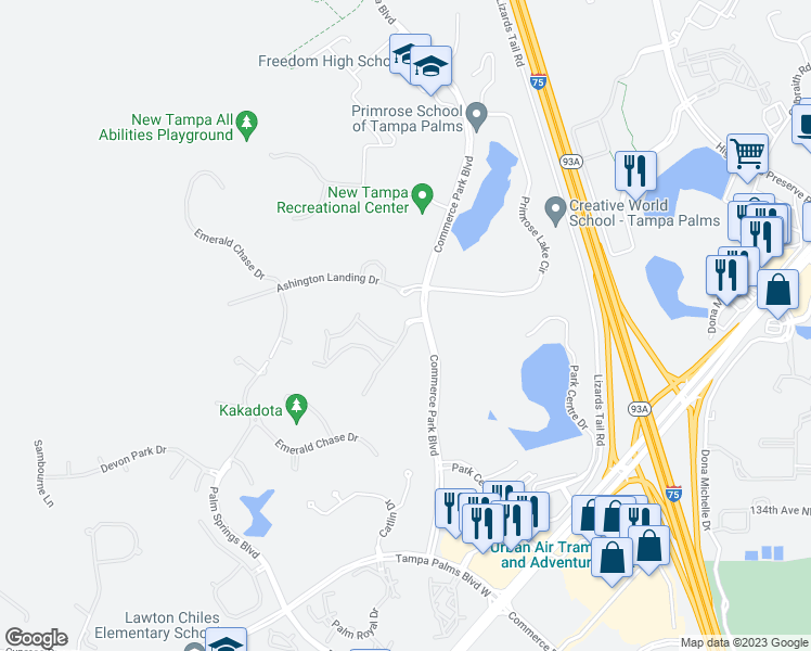 map of restaurants, bars, coffee shops, grocery stores, and more near 5051 Ashington Landing Drive in Tampa
