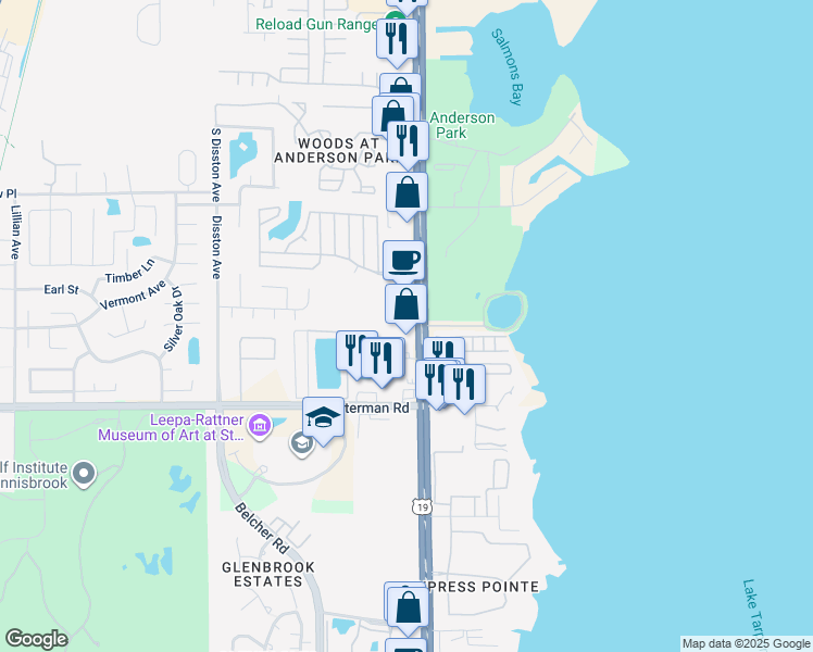 map of restaurants, bars, coffee shops, grocery stores, and more near 38954 US Highway 19 North in Tarpon Springs