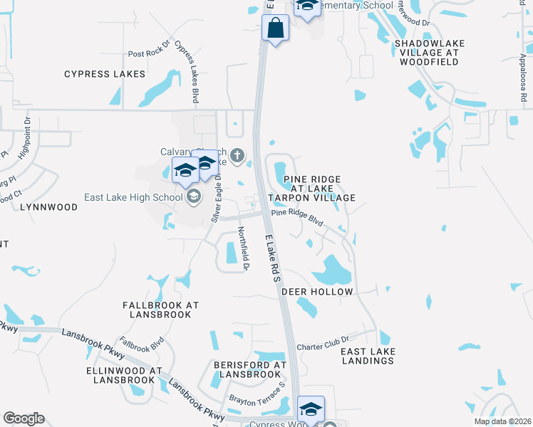 map of restaurants, bars, coffee shops, grocery stores, and more near Pine Ridge Boulevard in East Lake