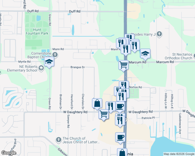map of restaurants, bars, coffee shops, grocery stores, and more near 6533 Angus Drive in Lakeland