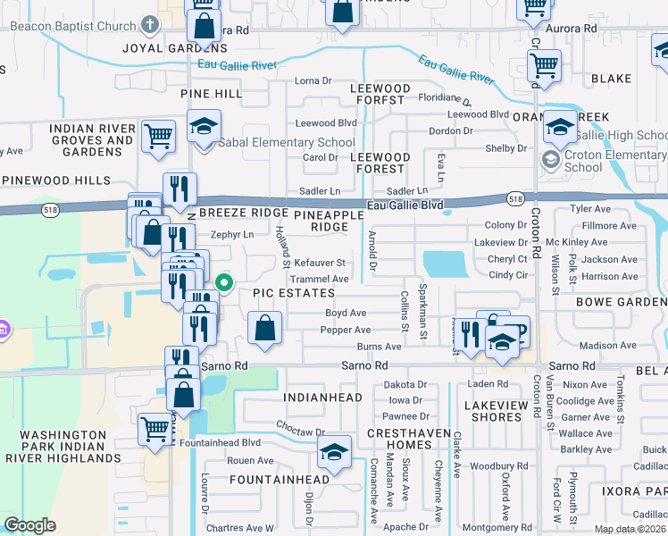map of restaurants, bars, coffee shops, grocery stores, and more near 2628 Kefauver Street in Melbourne