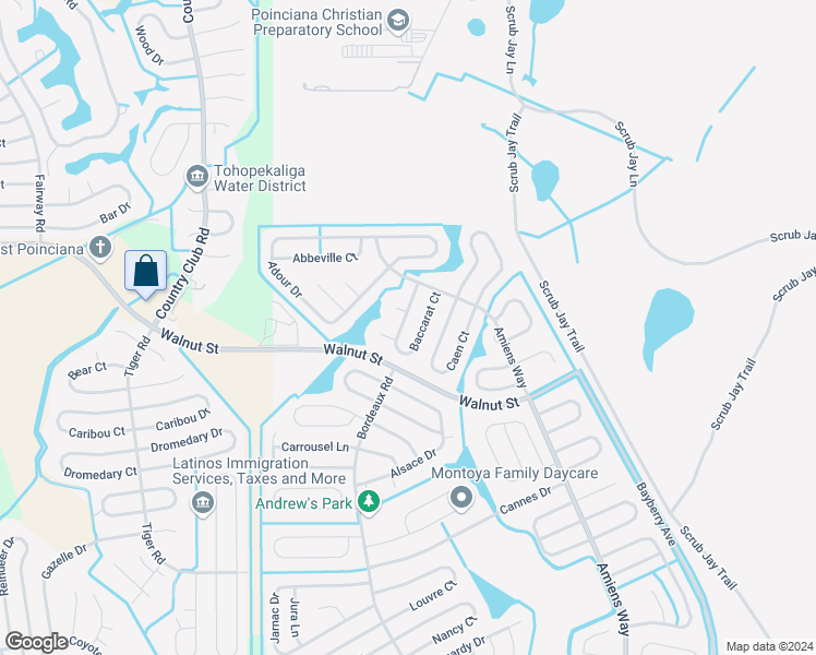 map of restaurants, bars, coffee shops, grocery stores, and more near 332 Baccarat Court in Kissimmee