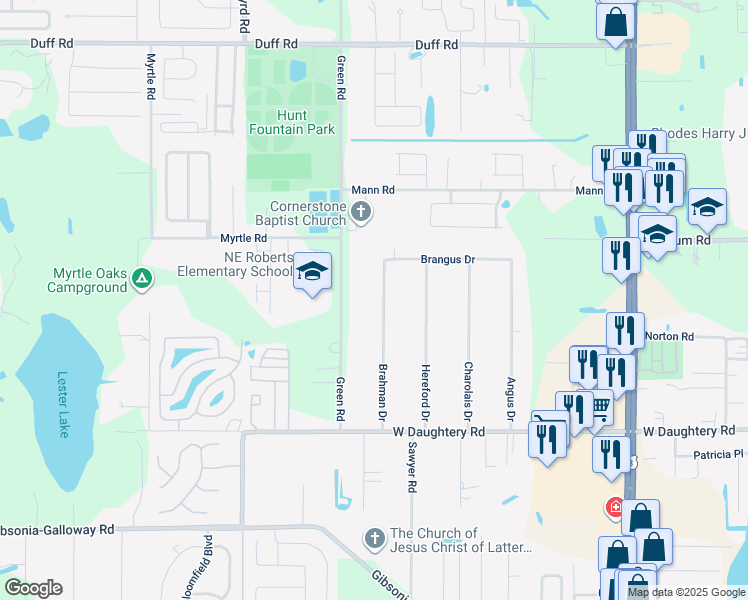 map of restaurants, bars, coffee shops, grocery stores, and more near 6502 Brahman Drive in Lakeland