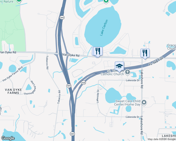 map of restaurants, bars, coffee shops, grocery stores, and more near 17376 Old Tobacco Road in Lutz