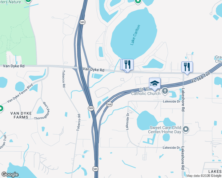 map of restaurants, bars, coffee shops, grocery stores, and more near 17376 Old Tobacco Road in Lutz