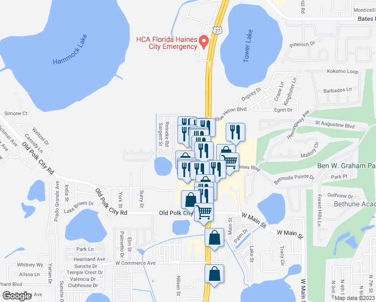 map of restaurants, bars, coffee shops, grocery stores, and more near 46 Maxcy Plaza Circle in Haines City