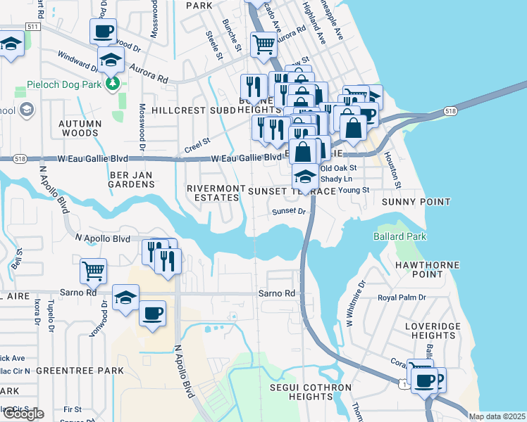 map of restaurants, bars, coffee shops, grocery stores, and more near 1001 Eau Gallie Boulevard in Melbourne