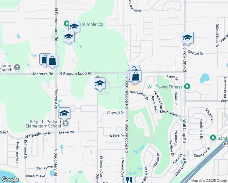 map of restaurants, bars, coffee shops, grocery stores, and more near 6550 North Socrum Loop Road in Lakeland