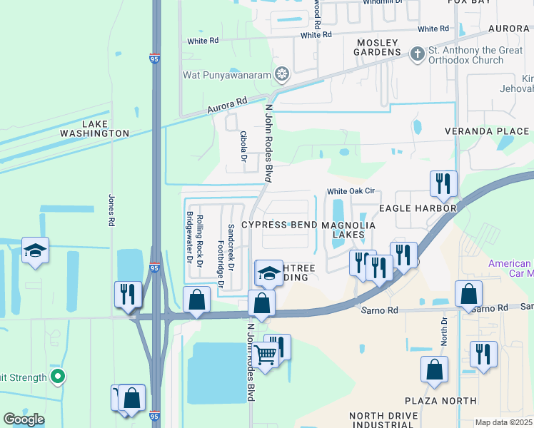 map of restaurants, bars, coffee shops, grocery stores, and more near 4768 Silver Heron Drive in Melbourne