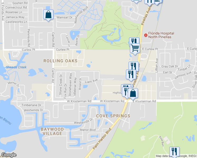 map of restaurants, bars, coffee shops, grocery stores, and more near Liam Avenue in Tarpon Springs