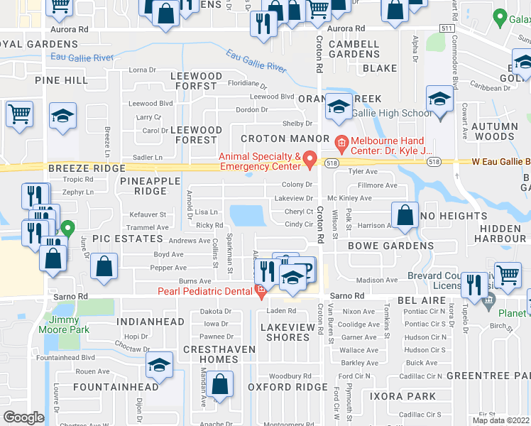 map of restaurants, bars, coffee shops, grocery stores, and more near 2265 Cindy Circle in Melbourne