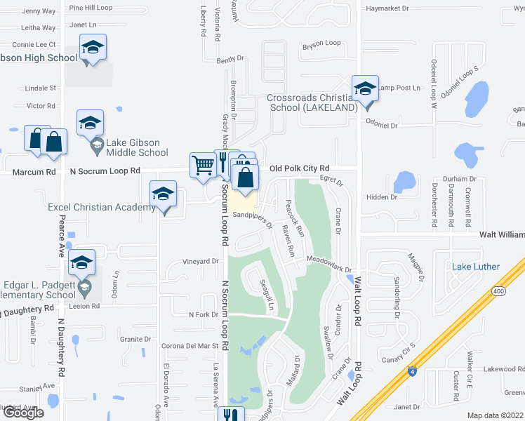 map of restaurants, bars, coffee shops, grocery stores, and more near Egret Drive in Lakeland
